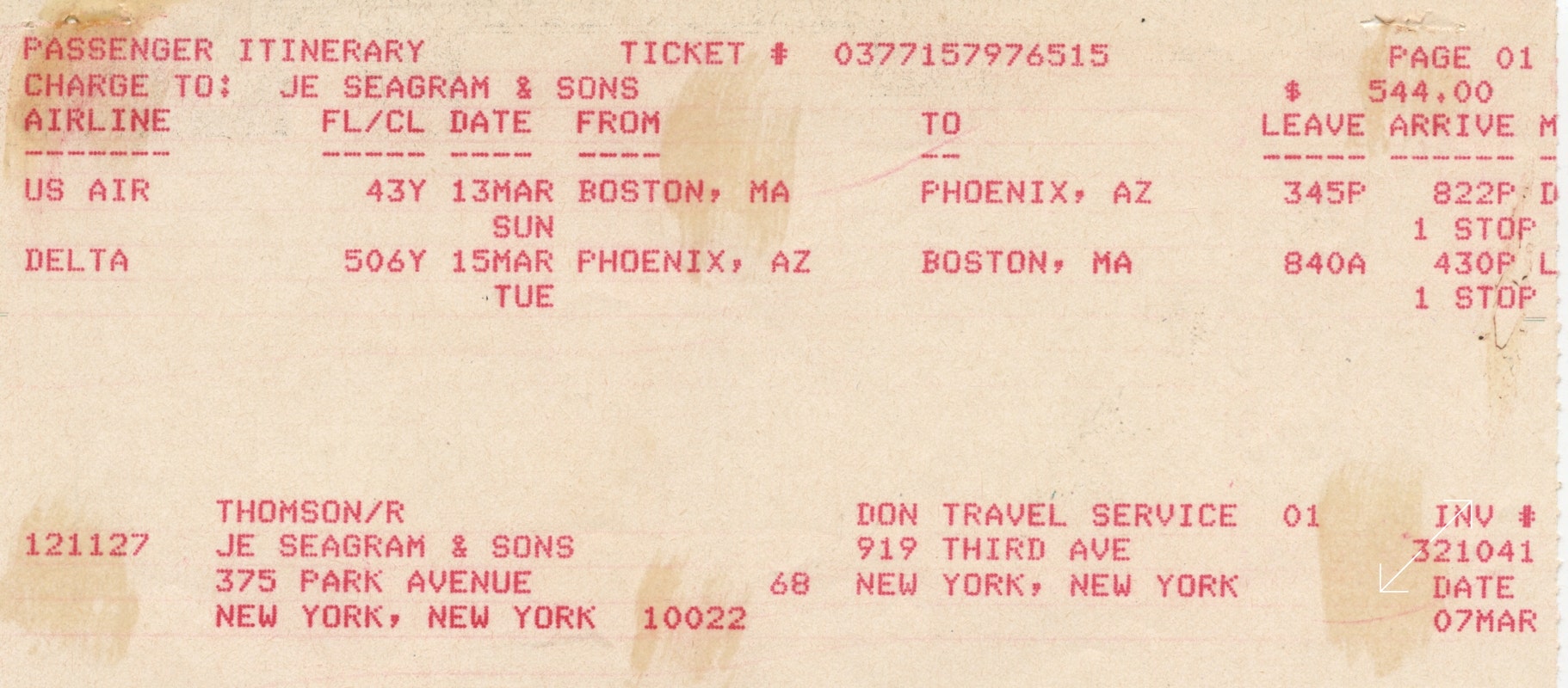 a photo of Ryan Thomson's plane ticket to Arizona to fiddle with the Nashville band - Baked Apple,  for Seagram's 7 annual coorporate celebration on March 8, 1983.