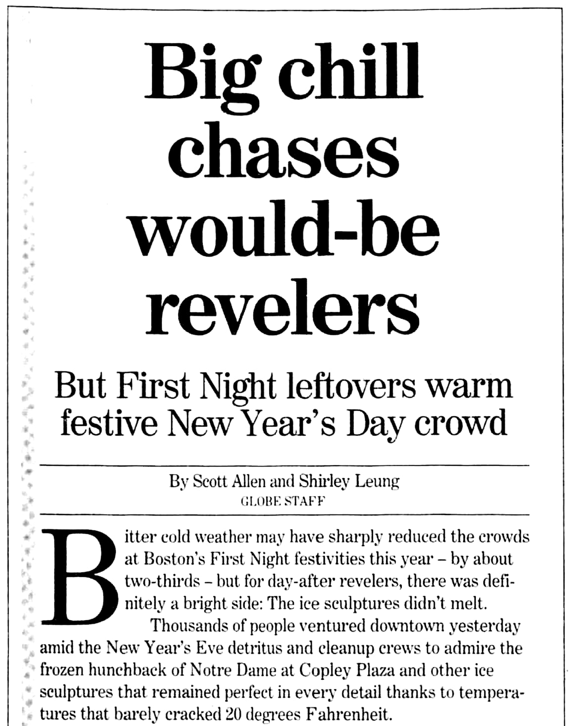 Boston Globe article on the 1996 First Night celebration mentioning the cold temperature.