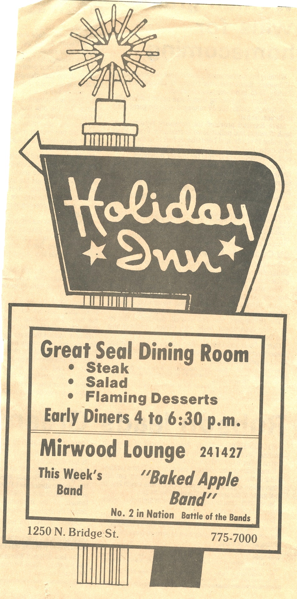 Newspaper advertisement for Baked Apple Band performing at the Holiday Inn for two weeks straight in Chillicothe, Ohio, 1983.