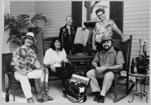 Boogaloo Swamis band photo, from left - Captain Fiddle(Ryan Thomson), Jivin’ Jeanne Boyer, Micky Bones, Joe Pete, Rockin’ Ralph Tufo.