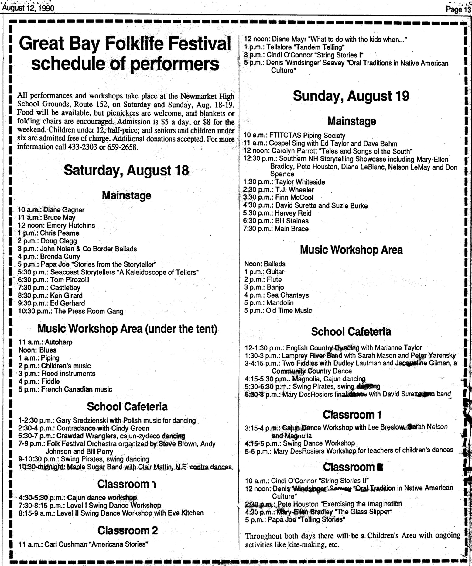 Great Bay Folk Festival schedule, August, 1990