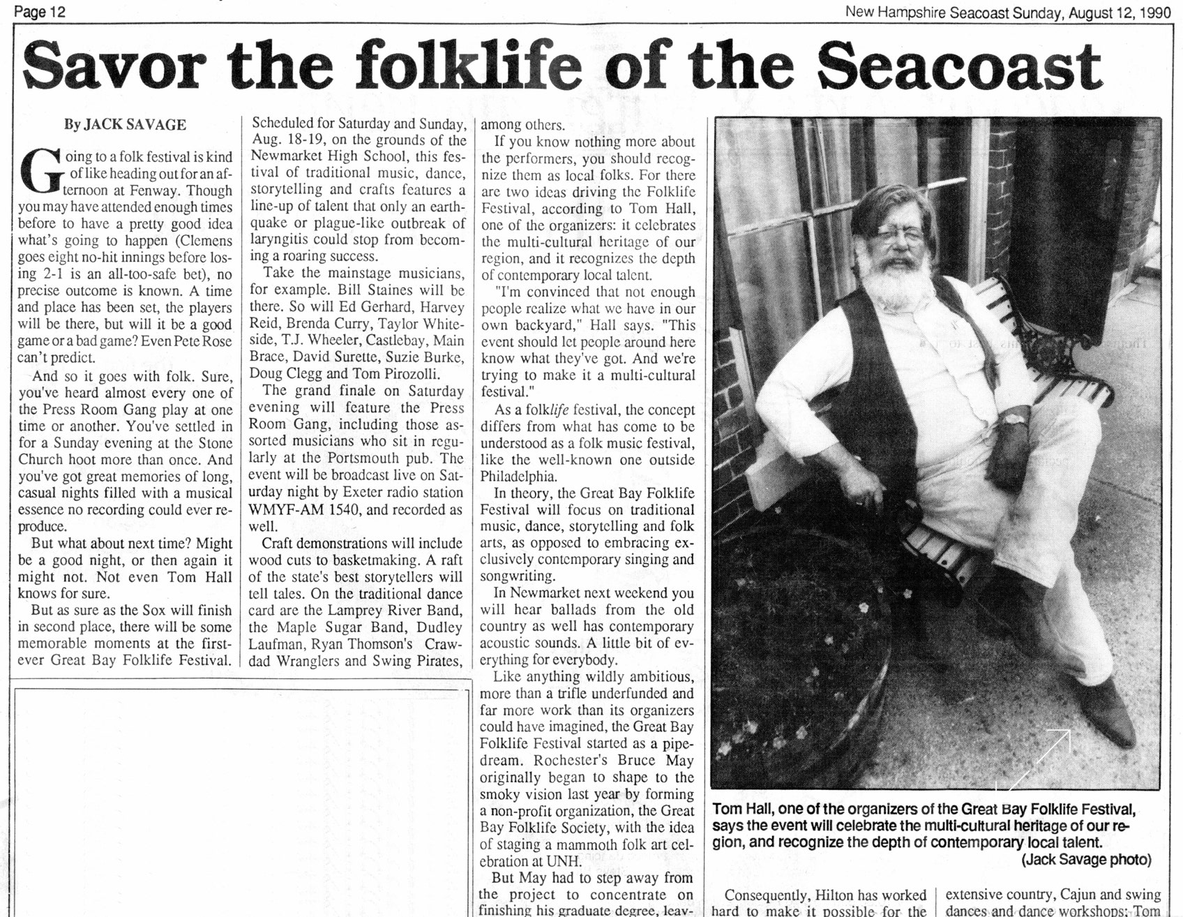 Great Bay Folk Festival article from the New Hampshire Seacoast Sunday, August 12, 1990, image 1 of 3.