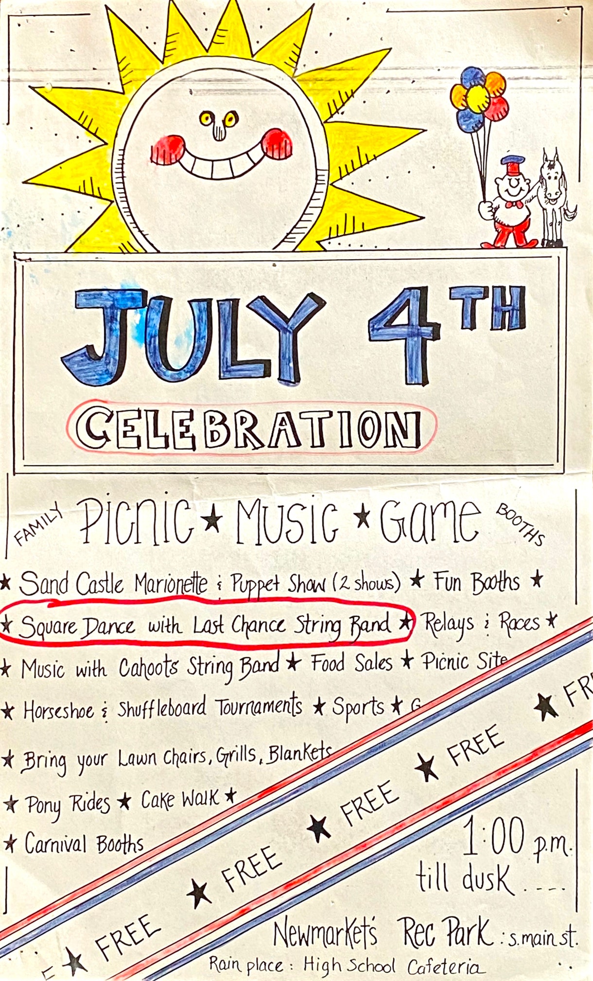 Poster for a Last Chance String Band square dance for the July 4 Celebration in Newmarket, New Hampshire