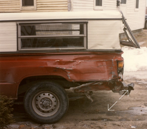 Swing Pirates band leader Ryan Thomson's Toyota truck is damaged after a drunk driver struck it. It was still driveable so the band went on to do their third dance gig in the Kittery Grange Hall in Maine